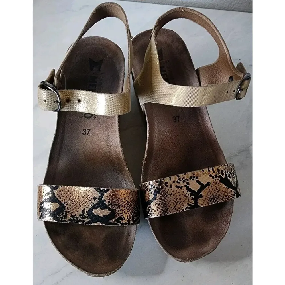 Mephisto Fiona Wedge Sandal Women 6/37 Reptile Snake Black Gold Comfort Shoes